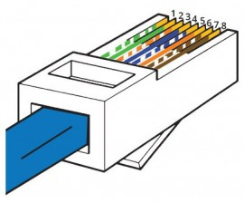 Коннектор RJ45, обжатый по схеме T568A, в том же ракурсе. Жилы идут в порядке: бело-зелёный, зелёный, бело-оранжевый, синий, бело-синий, оранжевый, бело-коричневый, коричневый. По сравнению с T568B оранжевая и зелёная пары поменялись местами, а контакты 4, 5, 7 и 8 остались на своих местах.